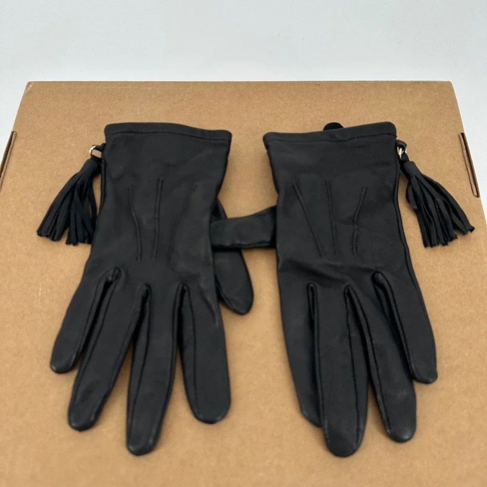 Black Genuine Leather Tassel Gloves Women's Size Medium‎ Chic Minimalist